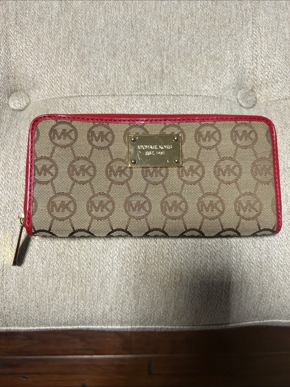 Michael Kors Beige Signature MK Zip Wallet with Pink-Red Trim